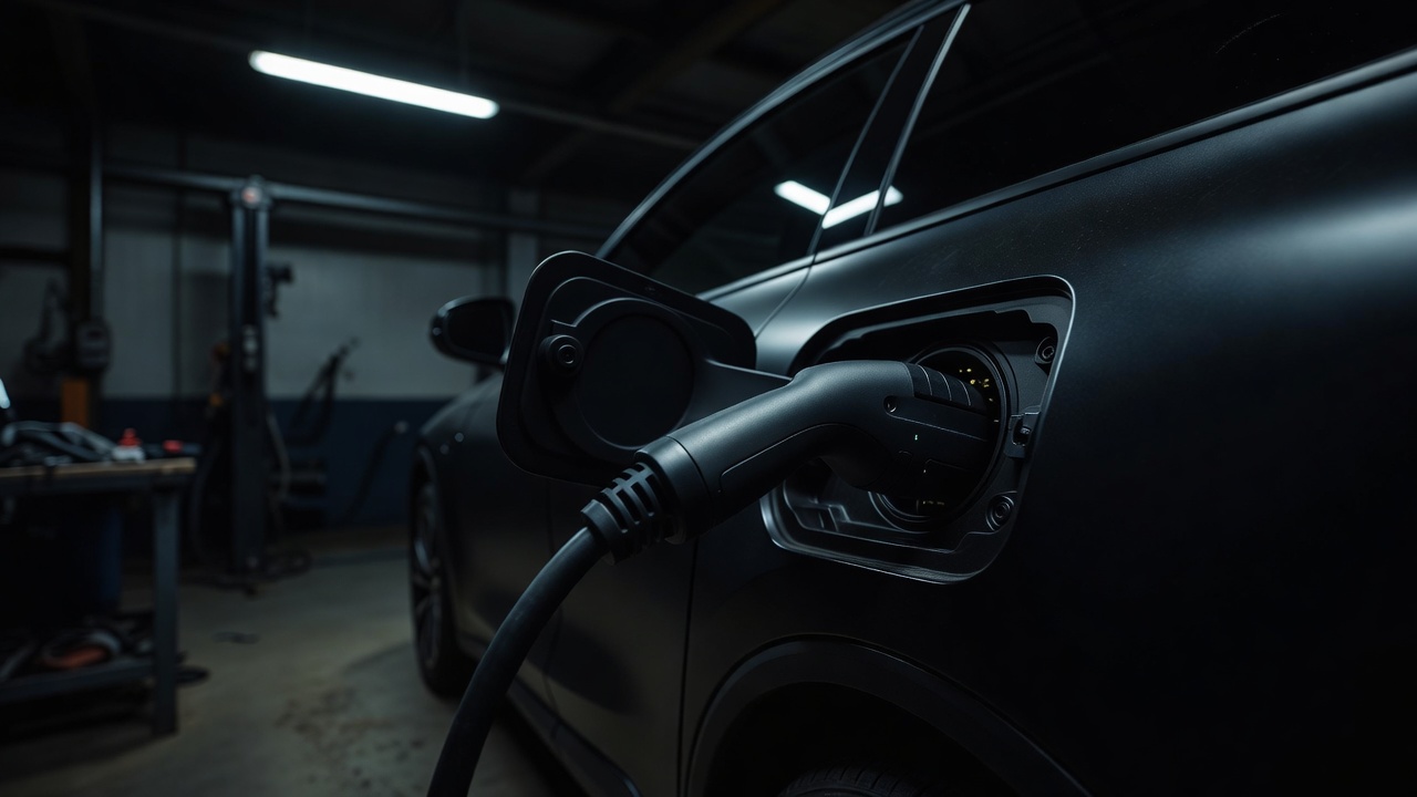 Electric vehicle charge port and connector photographed in low workshop light