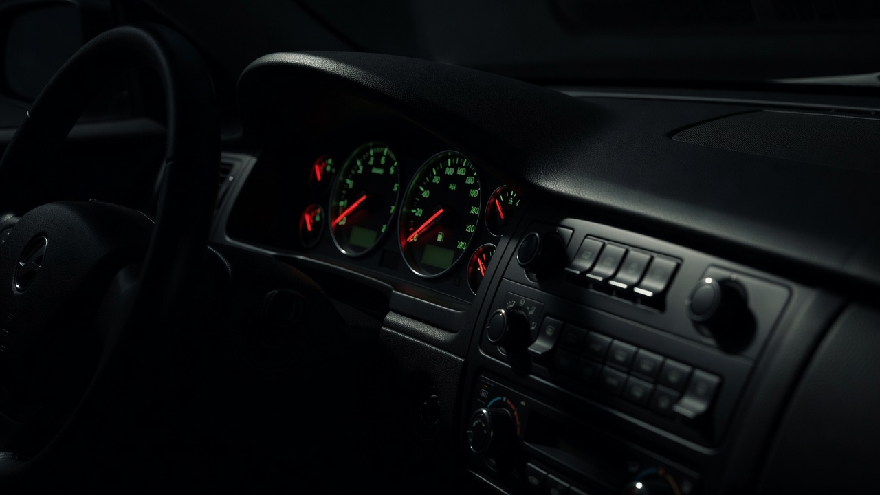 Instrument cluster and physical dashboard controls inside a shadowed vehicle cabin