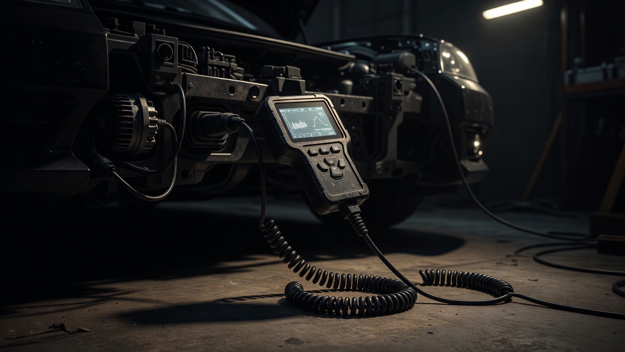 Workshop diagnostic tool connected to a vehicle with mechanical components in shadow
